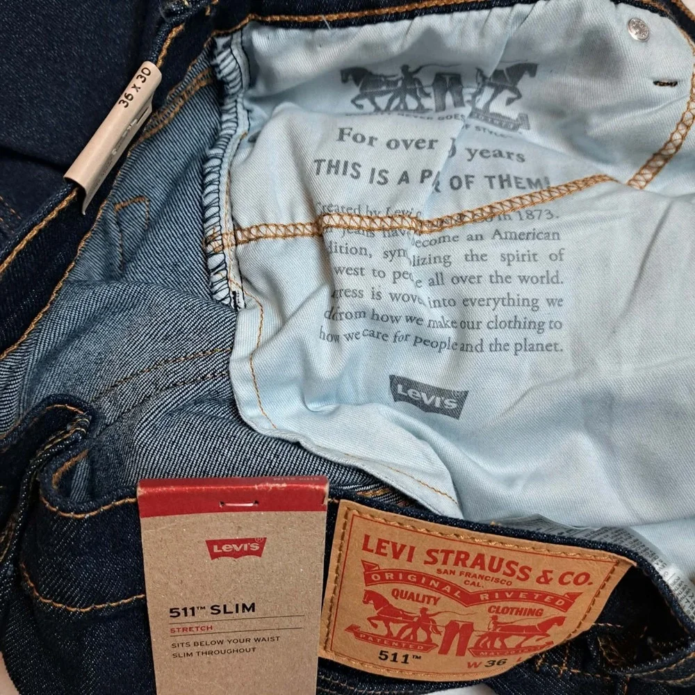 Levis 511 Jeans Slim Fit Stretch Jeans Dark Blue Dark Wash NEW Size 36x30